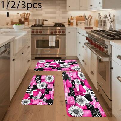 1/2/3-Piece Floor Set, Welcome, Suitable Home Decoration In Entryway, Kitchen, And Bathroom. Kitchen Floor Features A Pink, Black, And White Floral And Plaid Design, Making It An Excellent Women
