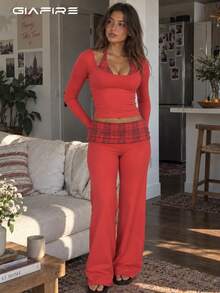 Women's Sexy High Elasticity Red 2 Pieces Set, Round Neck Long Sleeve Top With Plaid Belt Detail, Suitable For New Year Or Autumn - Red - View 2