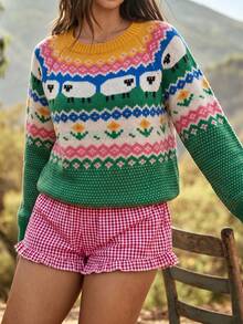 Sweater Kasual Musim Gugur Motif Fair Isle Bunga Vintage Pastoral Bohemian - Hijau - View 4