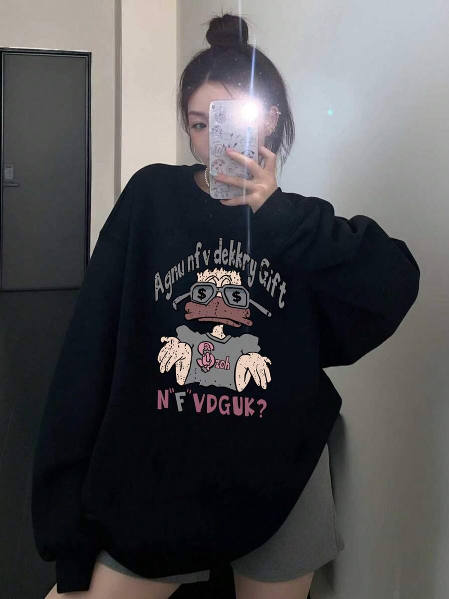Unisex Cartoon Fashion Glasses Duck Front Print Black Crew Neck Sweatshirt, Streetwear Style, Versatile Autumn/Winter Sweatshirt - Black - View 1