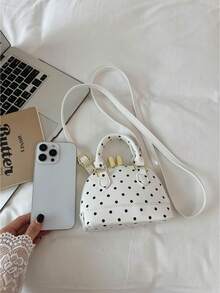 Handbag, Semi-Circular Body With Polka Dot Decoration, Matching Color Handle, Adjustable Long Shoulder Strap, Can Be Carried By Hand Or Worn Crossbody. Moderate Interior Space, Zipper Closure, Compact And Cute Design, Suitable For Daily Use. - White - View 6