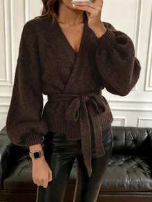 Women's Fashion Brown Tie-Front Cardigan Sweater, Overlap Collar Long Sleeve, Autumn/Winter Wardrobe Essential - Brown - View 5