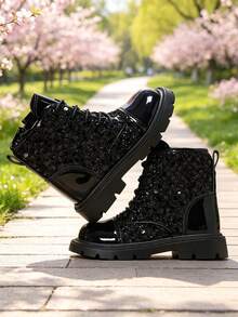 1 Pair Boys' Short Boots, Shiny 3D Sequin Material, Round Toe, Elastic Soft Sole, Inner Zipper Design, Fashionable Glamorous Princess Boots, Suitable For Daily Wear, Festivals, Performances, Parties, Autumn/Winter New Style - Black - View 2