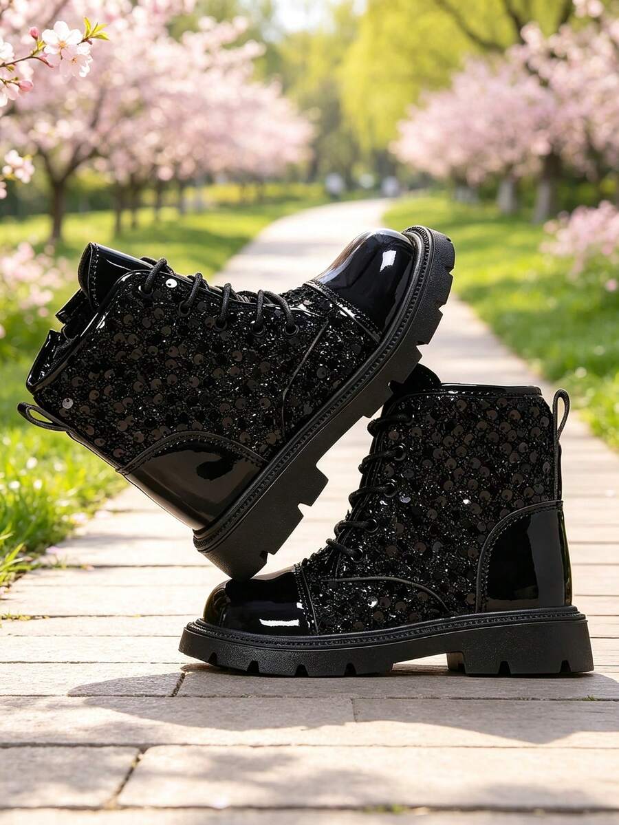 1 Pair Boys' Short Boots, Shiny 3D Sequin Material, Round Toe, Elastic Soft Sole, Inner Zipper Design, Fashionable Glamorous Princess Boots, Suitable For Daily Wear, Festivals, Performances, Parties, Autumn/Winter New Style