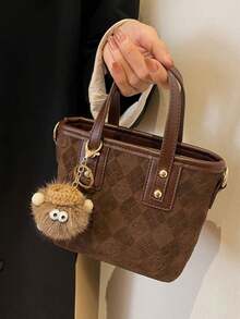Handbag, Small Square Shape, With Dual Short Handles, Body Features Diamond Quilted Embossed Pattern, Decorated With Cute Charms, Can Be Added Shoulder Strap For Crossbody. Bag Capacity Suitable For Storing Small Personal Items, Dual-Use For Handheld And Crossbody, Exquisite And Minimalist Design, Suitable For Daily Outings. - Coffee - View 3