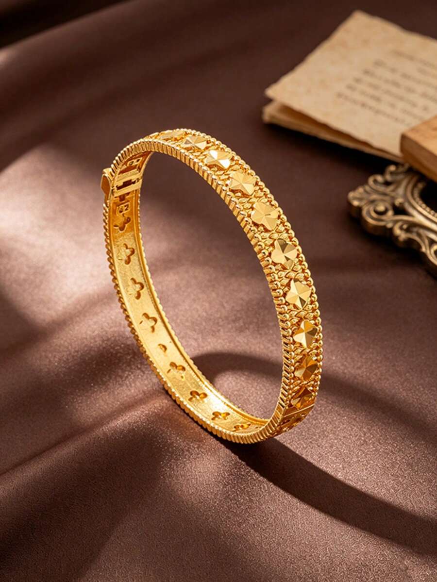 Letingsha 1pc Luxury Vintage Gold-Plated Four-Leaf Clover Pattern Bracelet Suitable For Women's Daily Wear And Wedding Accessory - Yellow Gold - View 1