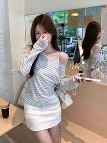 Design Lace Trim One Shoulder Fitted Cover-Up Top Women Autumn New Style Lazy Korean Striped Long Sleeve T-Shirt - Blue and White - View 3