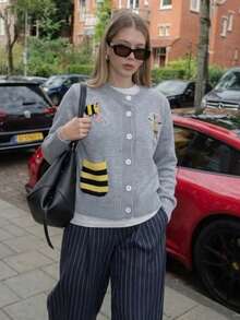 Women's Grey Cardigan Sweater, Bee & Floral Applique Design, Autumn/Winter Fashion Long Sleeve Button Knit Top - White - View 1