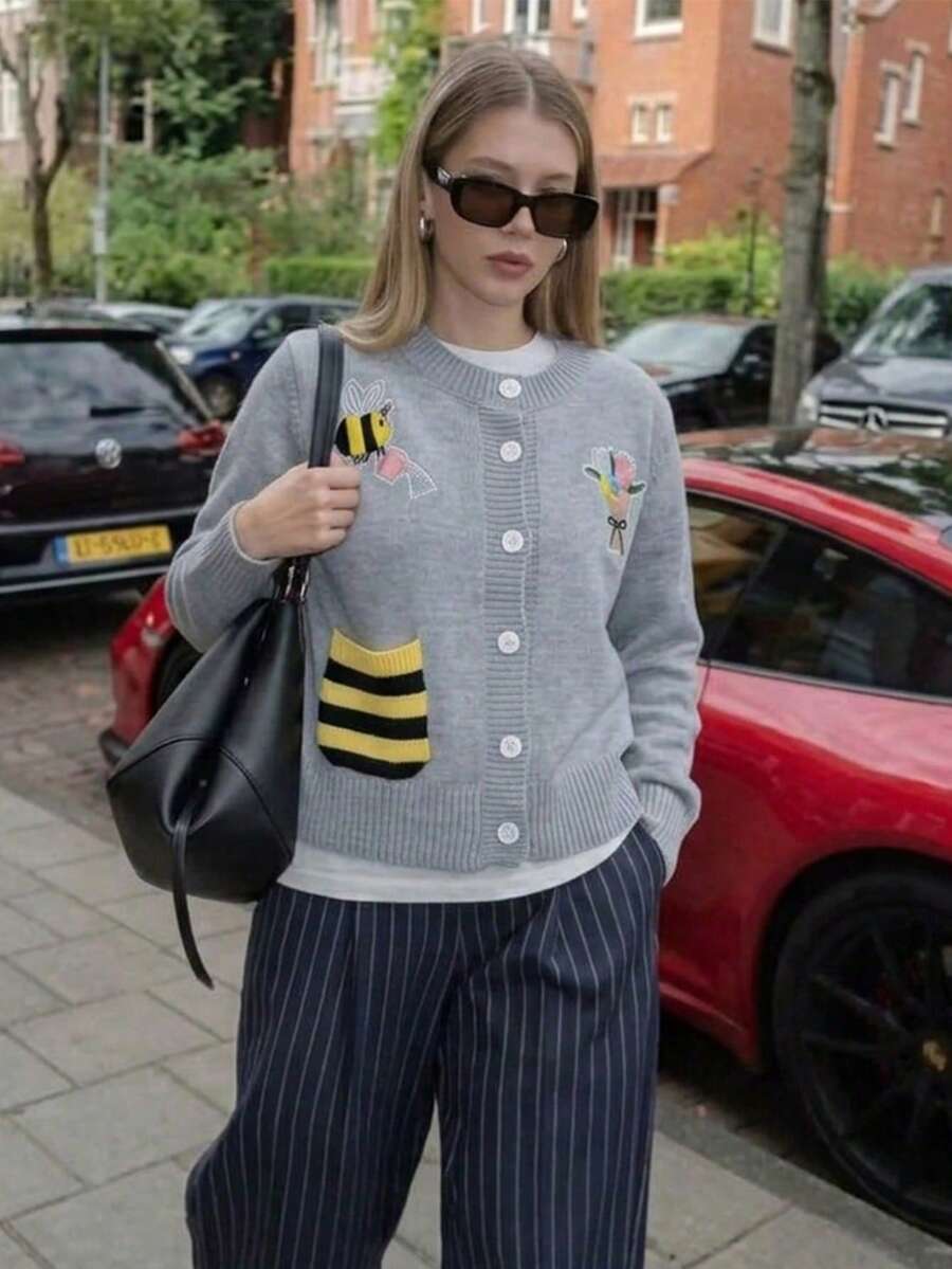 Women's Grey Cardigan Sweater, Bee & Floral Applique Design, Autumn/Winter Fashion Long Sleeve Button Knit Top - White - View 1