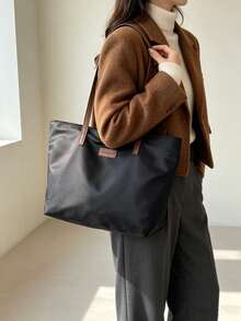 Women Large Nylon Tote Bag Retro Brown Strap Shoulder Bag Office Commute Handbag - Black - View 5