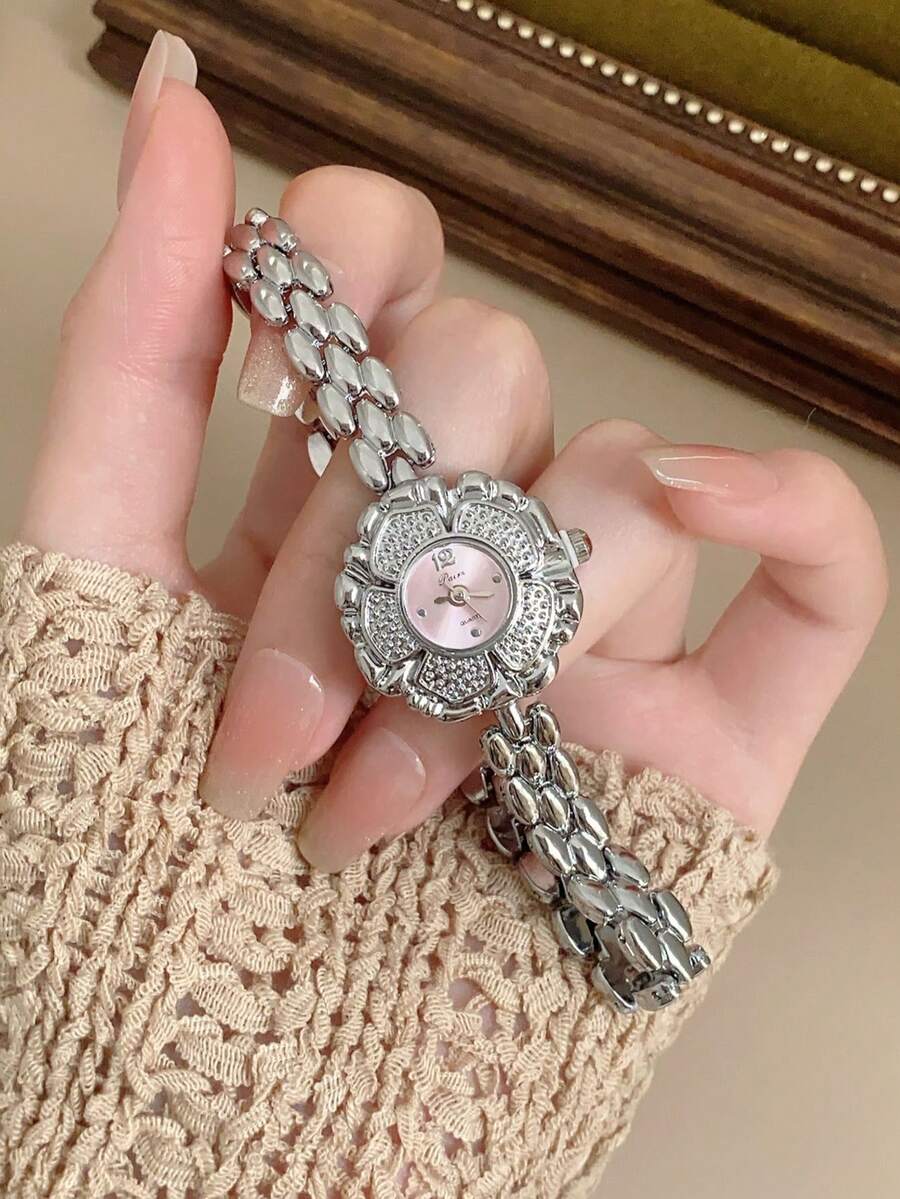 1件女款精巧銀色石英手錶，獨特粉色花朵錶盤搭配細緻刻度，適合日常佩戴與聚會 - 銀色 - 查看 1