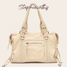 STEPHIECATHY Women's Fashion Casual Street Style Soft Washed PU Leather Tote Bag, Zipper Closure, Woven Decor, Large Capacity, Adjustable Shoulder Strap - Beige - View 8