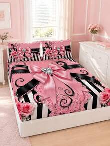 3pcs Pink & Black Bow Bed Sheet Set, Rose Lace Heart Rhinestone Print (1 Bed Sheet + 2 Pillowcases, Pillow Inserts Not Included), Comfortable & Breathable, Multiple Sizes Available, Suitable For Master Bedroom, Guest Room, Etc. - Multicolor - View 6