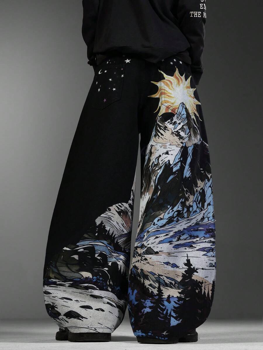 Men Korean Street‑Style Black Jeans, Artistic Print Design, Baggy Wide Leg, Casual Loose Fit, All‑Season Long Pants (Belt & Accessories Not Included) - Black - View 1
