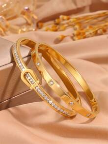 2pcsGolden Tone Stainless Steel Bangle, Simple & Clean - Gold - View 12