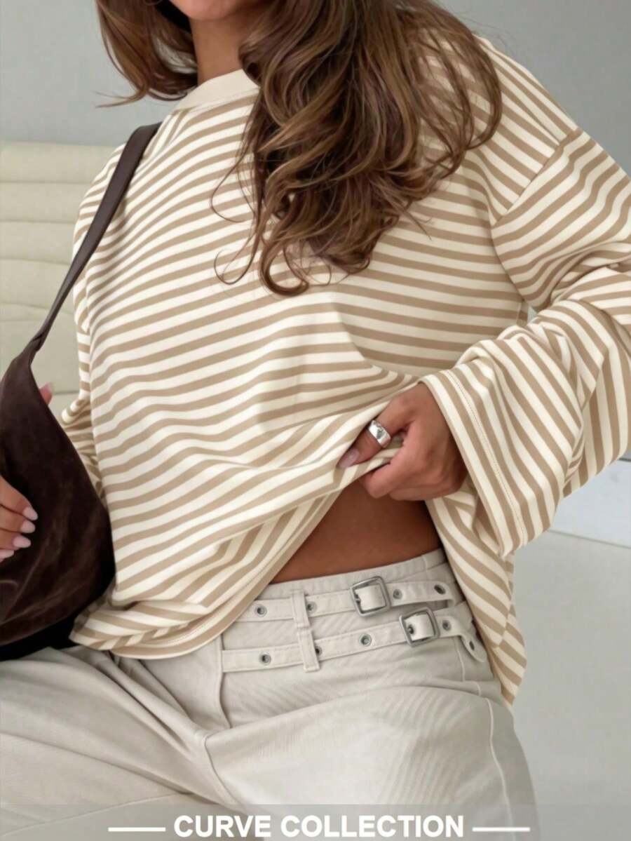 Women's Striped Round Neck Long Sleeve Plus Size Knit T-Shirt, Regular Length Medium Stretch, Comfortable Autumn Basic Top