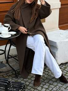 Long Wool Coat, Asymmetrical Button Design, Suitable For Autumn/Winter, Urban Fashion, Ideal For Commuting And Travel, Elegant Outerwear - Brown - View 5