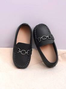 Children's Black Loafers With Metal Buckle, Soft Sole Driving Loafers, Slip-On - Black - View 2