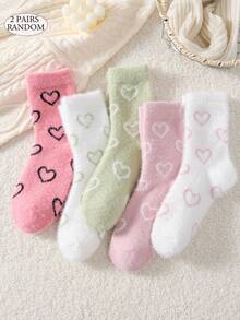 2/4/10 Pairs White And Pink Fuzzy Women's Mid-Calf Socks, Heart Pattern Warm Socks, Soft And Comfortable, Random Color - Multicolor - View 10