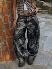 女款休閒水洗牛仔長褲，附口袋與拉鍊細節，無彈力，適合度假、春季、黑色、秋季 - 黑色 - 查看 6