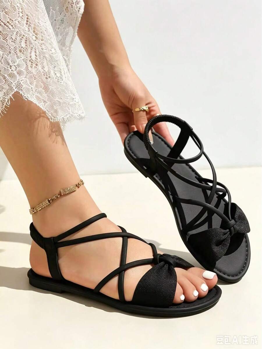 New Women's Shoes: Bow Flat Sandals, Bohemian Style, Cross Strap Design, Suitable For Vacation, Beach, Casual, Daily Commute, All-Season Versatile - Black - View 1