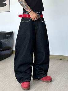 1pc Leather Embroidered American Streetwear Loose Fit Wide Leg Jeans For Men, Comfortable For All Seasons, Decorated With Metal Rivets (No Belt Or Accessories Included) - Black - View 9