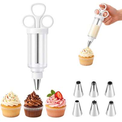 7PCS Cake Decorating Syringe Set With 6 Stainless Steel Piping Tips, Easy-Press Icing Dispenser For Cupcakes, Cookies, Pastries & Home Baking Supplies