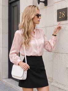 SwallowLucky Plus Size Women's Semi-Sheer Shiny Blouse, Stand Collar Button Front Long Puff Sleeve Shirt, Elegant Top For Spring Autumn Daily Commute - Baby Pink - View 7