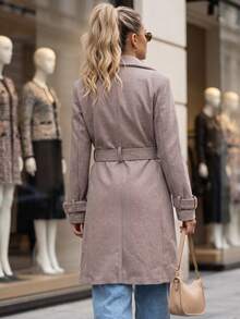 Women's Tailored Belted Coat, Wide Lapels, Buckle Cuffs, Knee Length, Lined With Pockets - Beige - View 4