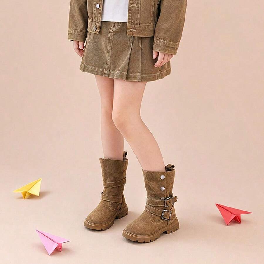 Girls' Brown Motorcycle Style Mid-Calf Boots With Fold-Over Snap Button And Double Buckle Decor, Suitable For Autumn/Winter Daily Wear - Brown - View 1