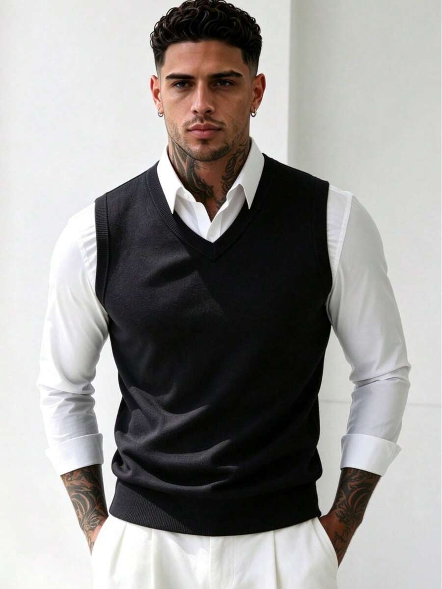 ZYNTH BALENO Men's V-Neck Sweater Vest, Suitable For Fitness, Outdoor Sports And All-Season Wear - Black - View 1