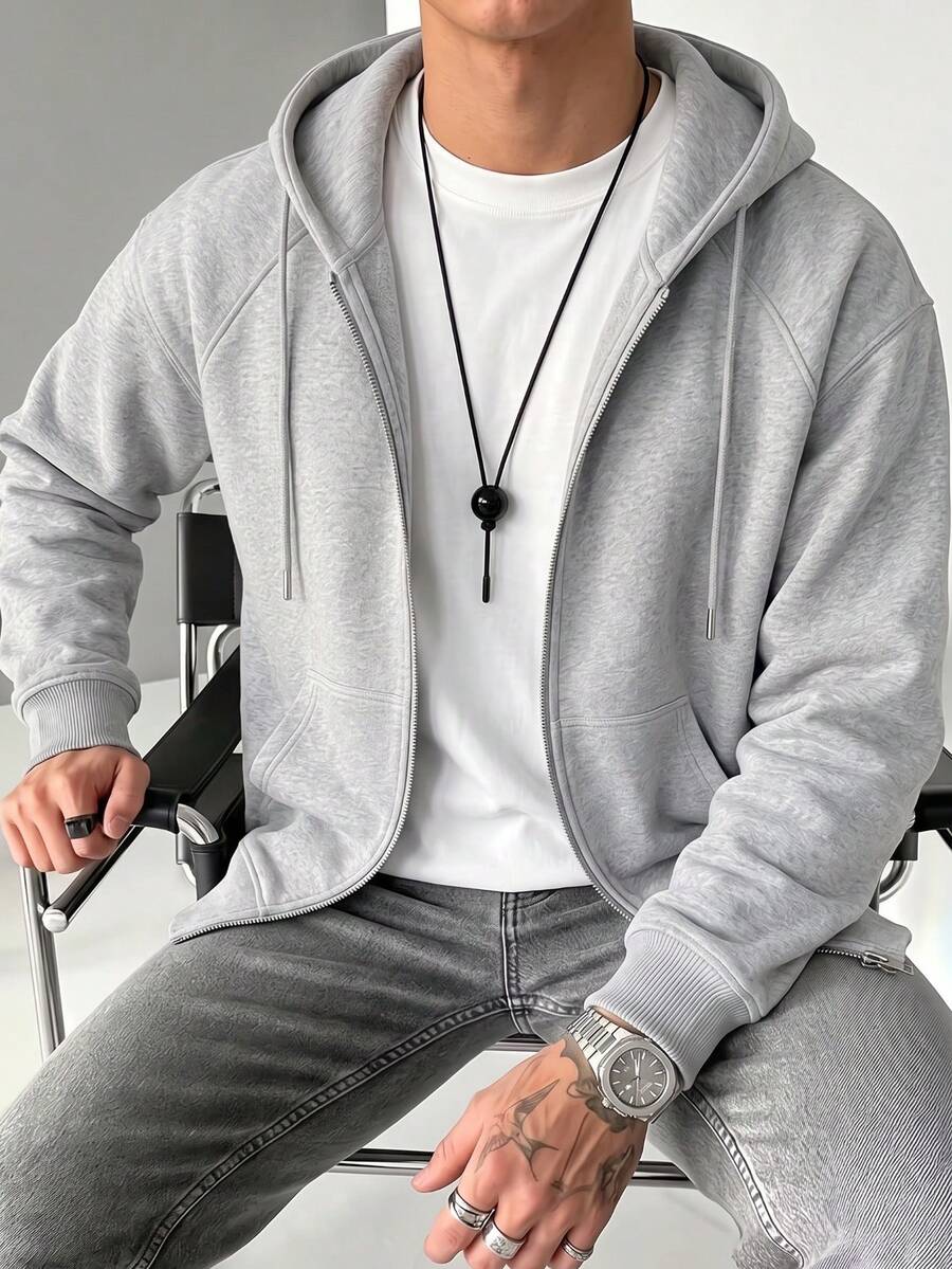 Men's Autumn/Winter Casual Fashion Streetwear Solid Color Zip-Up Hoodie With Drawstring - Grey - View 1