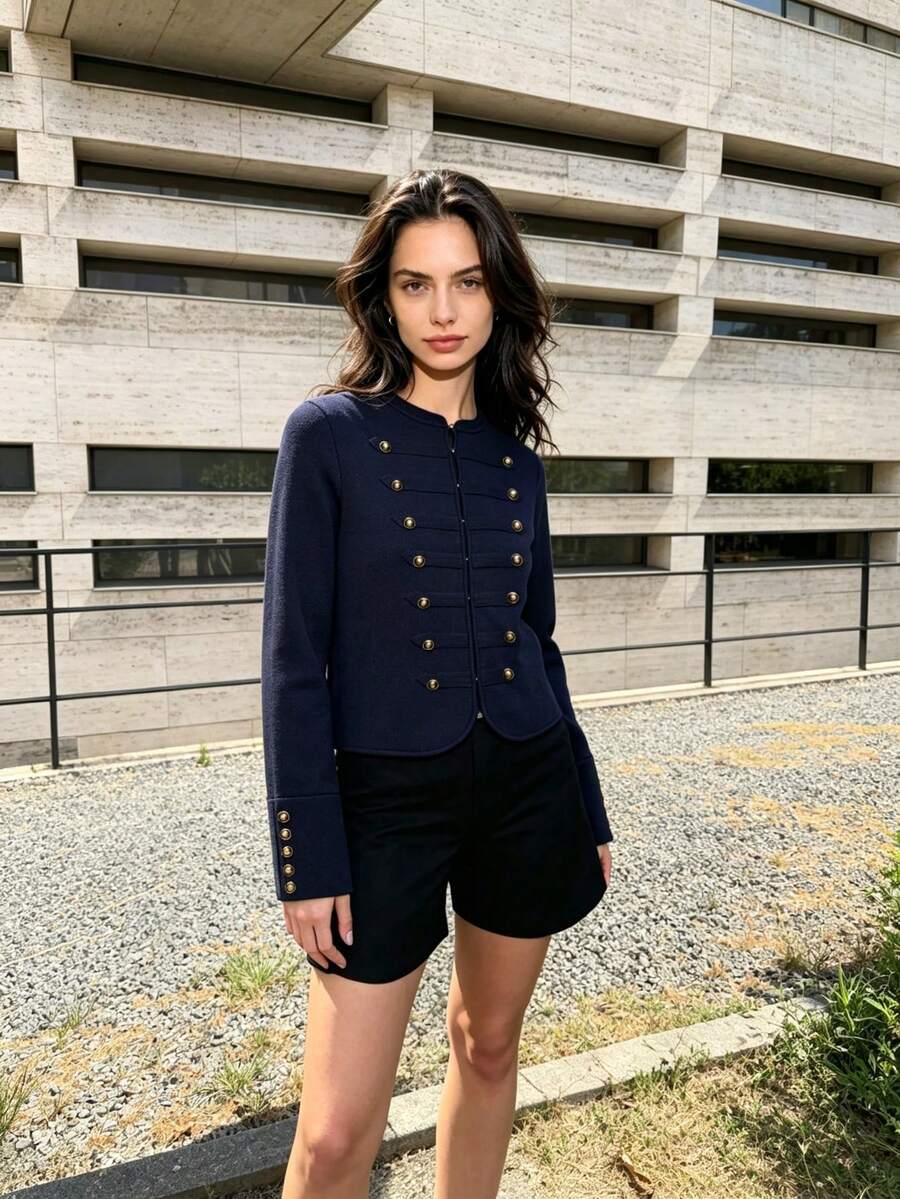 DEEKA Autumn New Women's European And American Style Fashion Minimalist Versatile Button-Up Knit Cardigan - Navy Blue - View 1