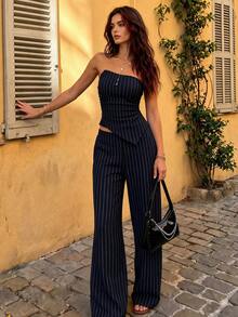 Women Fall Elegant Striped Pants Set, Strapless Sleeveless Inner Tube Top & High Waist Wide Leg Trousers Halloween Casual Festival Outfit - Navy Blue - View 1