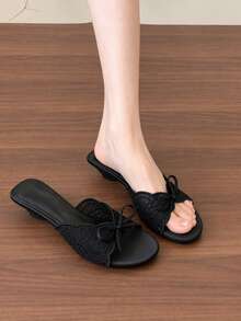 Women's Gentle Style Lace Bow Kitten Heel Slide Sandals, Summer Outdoor Wear, Low Heel Open Toe Square Toe Elegant Slip-On Slippers - Black - View 1