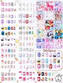 360pcs (15 Styles) Multicolor Cartoon Acrylic Nail Stickers Gift Box, Cute Cartoon Pattern Design, Press-On Nails, Glossy Finish - Suitable For Children Girls Nail Decoration - Multicolor - View 3