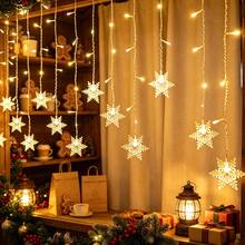 1PC 96‑LED Snowflake Curtain String Lights, USB Powered Fairy Night Lamp With 8 Light Modes, Warm / Multicolor / White Light, Hanging Window Backdrop Atmosphere Light For Home Bedroom, Christmas Tree, Holiday, Party, Photography Background Decor - Curtain Lights - View 2