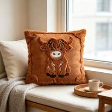 Highland Cow Plush Pillow Cover, Cute Cartoon Animal Applique Cushion Cover 18*18 Inch, Soft Furry Decorative Throw Pillowcase, No Insert - Brown - View 5