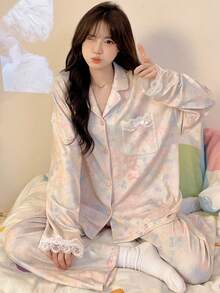 2pcs/Set Women's Pajamas Loungewear Set, Cardigan Lapel Minimalist Random Print Long Sleeve Long Pants, Suitable For All Seasons - Multicolor - View 4