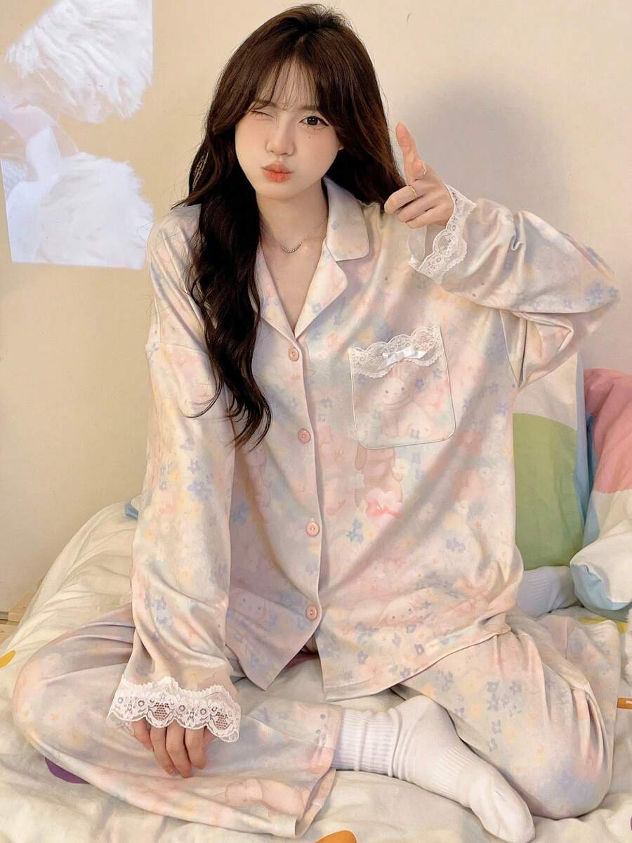 2pcs/Set Women's Pajamas Loungewear Set, Cardigan Lapel Minimalist Random Print Long Sleeve Long Pants, Suitable For All Seasons - Multicolor - View 1