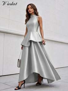 Vuslat Women's Autumn Stand Collar Sleeveless Layered Ruffle Fishtail Long Dress, Suitable For Banquet, Graduation Ceremony, Party, Birthday - Silver - View 7