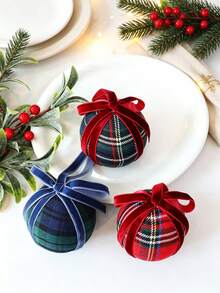 1pc 3.14 Inch Plaid Christmas Ball Ornament With Velvet Bow Ribbon, Suitable For Decorating Christmas Tree, Wreath, Garland And Fireplace Mantel, Also As Tabletop Decor, Perfect For Winter, New Year And Christmas Home Decoration - Multicolor - View 11