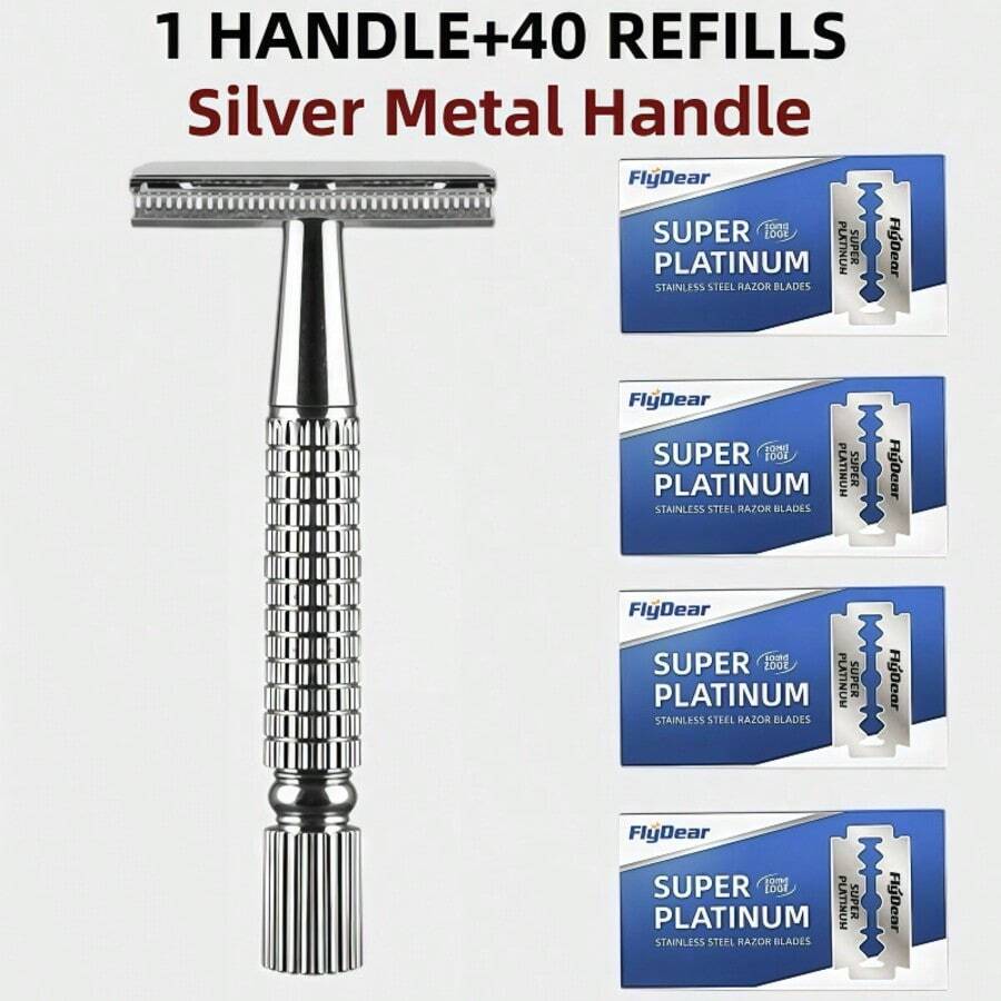 Reusable Double Edge Clean Razor, Silver Metal Double-Sided Handle, With Stainless Steel Razor Blades, For A Close Smooth Shave