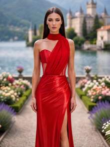 Elegant Red Satin Mermaid Evening Gown, Asymmetrical Neckline Backless Design, Suitable For Prom And Formal Events - Red - View 7