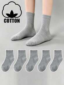 5 Pairs Kids' Thin Cotton Mesh Breathable Mid-Calf Socks, Grey, Suitable For Boys And Girls, Elementary And Middle School Students, Summer - Grey - View 7