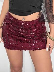SCARLUX Fall Women Y2K Sequin Mini Skirt, Bodycon Skirt For Back To School, Daily Commute And Party - Burgundy - View 3