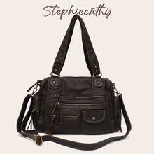 STEPHIECATHY Solid Color Washed PU Leather, Zipper Closure, Multi-Pocket Design, Adjustable Long Strap, Women's Shoulder Crossbody Bag, Casual & Practical - Coffee Brown - View 5