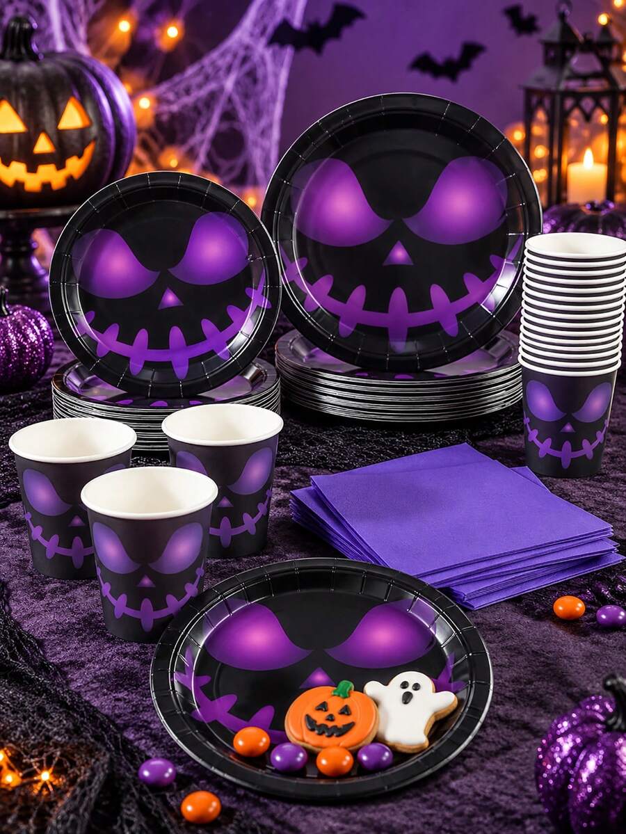 10/24-Piece Disposable Paper Tableware Set,Including 7/9-Inch Paper Plates,Paper Cups, And Napkins,Featuring A Gradient Purple Pumpkin Face Lantern Design.Suitable For Halloween Dark Gothic-Themed Parties,Evening Gatherings,And Festive Decorations - Purple Scary Face - View 1