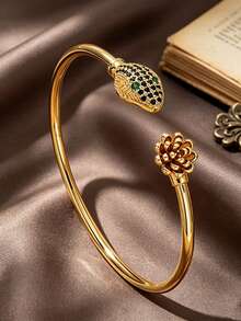 Letingsha 1pc Luxury Gold-Plated Snake & Lotus Open Cuff Bracelet, Black Rhinestone Inlaid Snake Head Women's Bracelet, Suitable For Daily & Party Wear - Yellow Gold - View 2