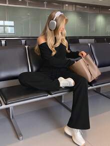 Women's Autumn Set, Solid Color Asymmetrical Shoulder Long Sleeve Top Paired With Low Waist Drawstring Pants Two Pieces Outfit, Y2K Street Style Hot Girl Look - Black - View 6